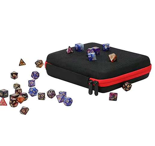 RPG dice carrying case closed with dice around it